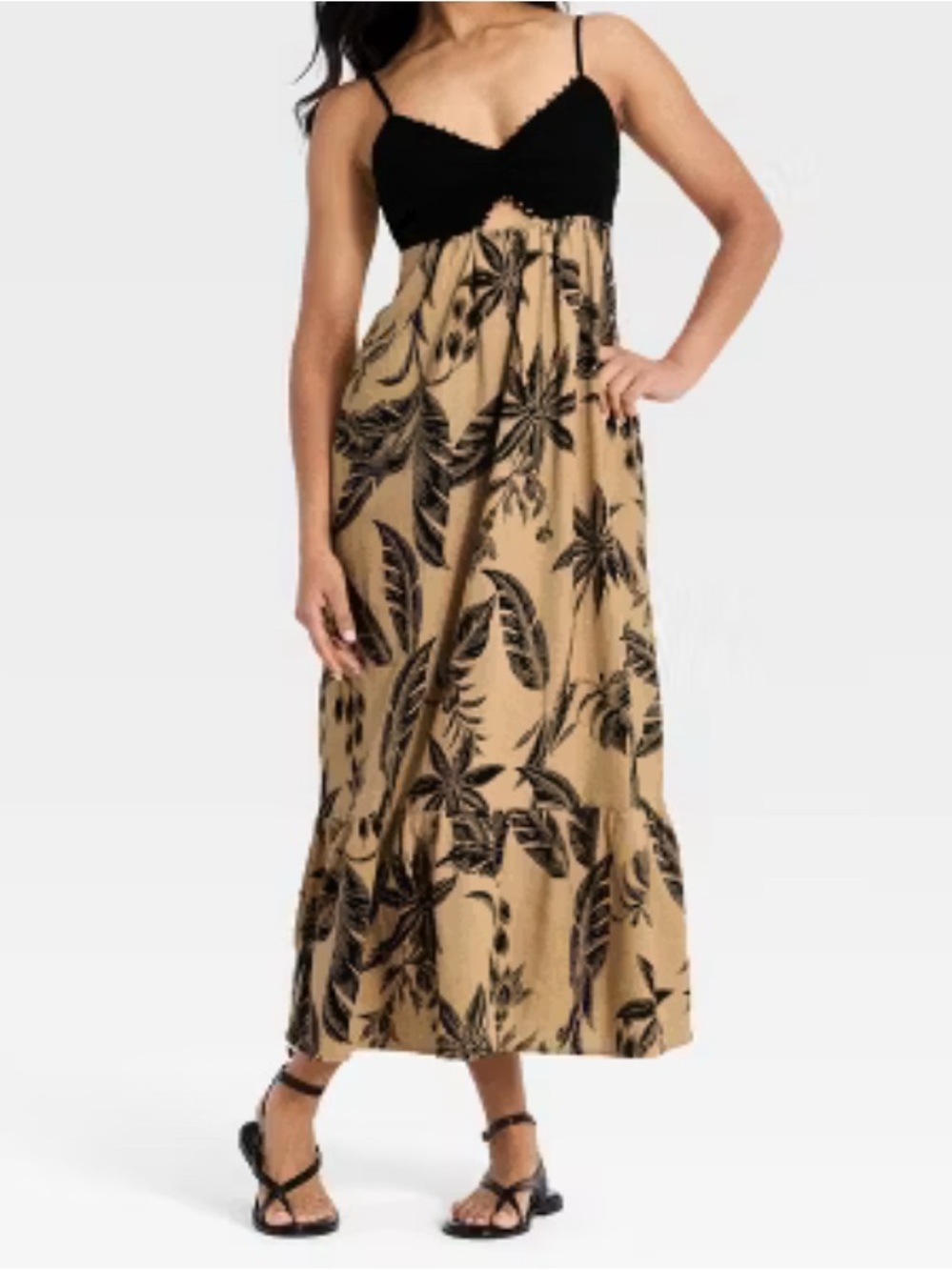 Black & Tan Floral Maxi Skirt Dress with Spaghetti Straps